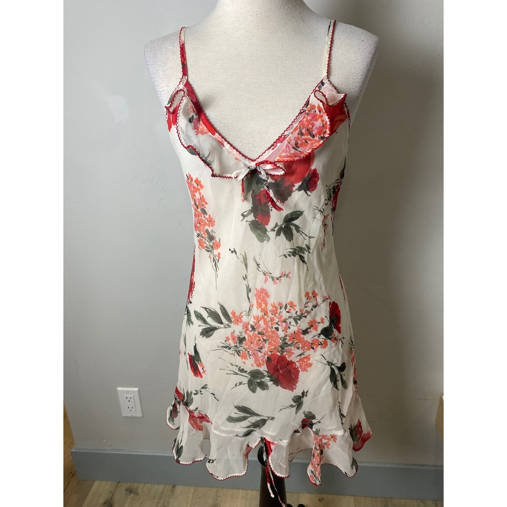 Vintage 90s Jones New York Floral Ruffle Slip Dress Red Cream Medium
